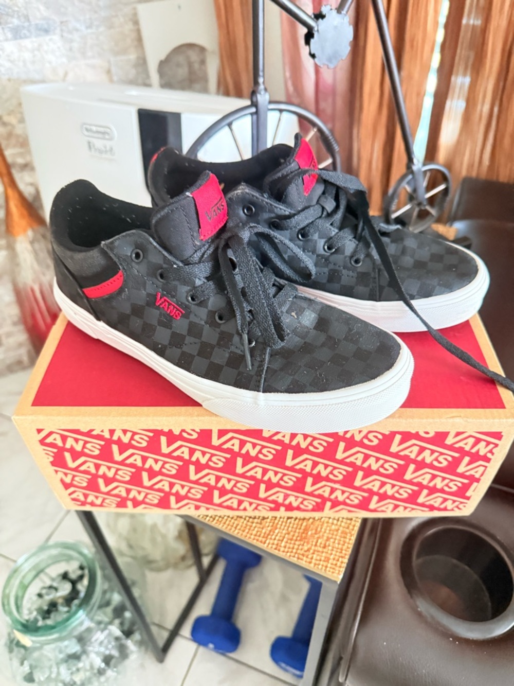 Vans Kids Black Checkerboard Sneakers with Red Details